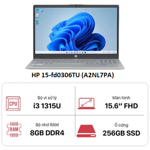 Laptop HP 15-fd0306TU (A2NL7PA) (i3 1315U/8GB RAM/256GB SSD/15.6 FHD/Win11/Bạc)